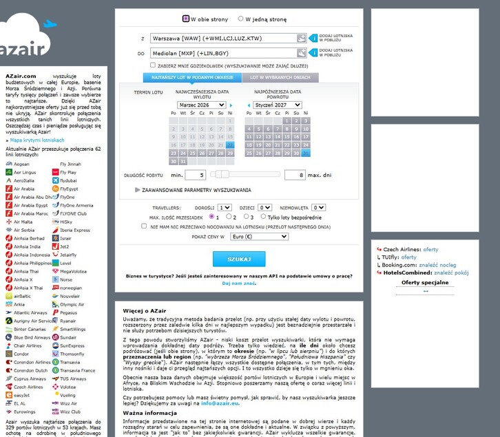 Azair wyszukiwarka tanich lotów – interfejs wyszukiwania połączeń