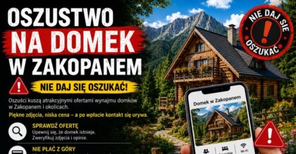 Grafika Policji z poradami, jak uniknąć oszustwa przy wynajmie wakacyjnego domku.