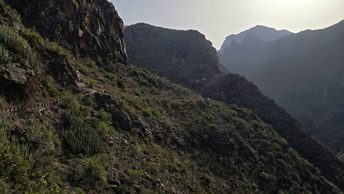 Panorama Barranco del Infierno z zielenią rosnącą na zboczach wysokich skalnych ścian.