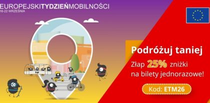 POLREGIO taniej – grafika promująca 25-procentową zniżkę na bilety