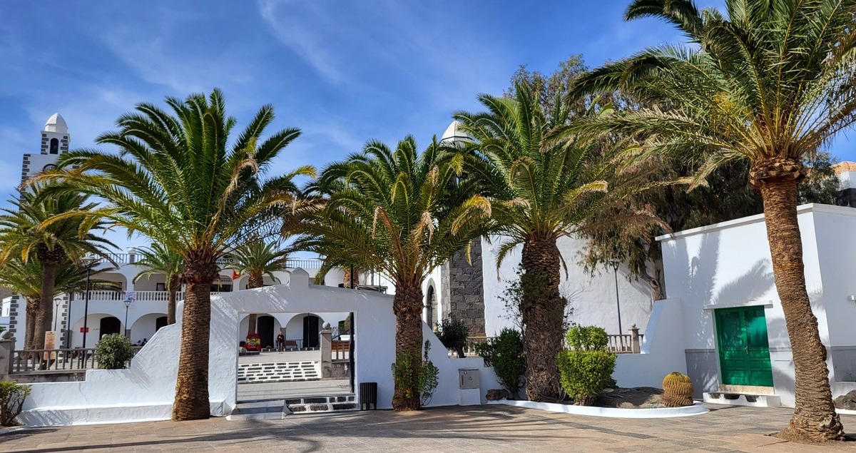 Zatrucie na Lanzarote – palmy i budynek w San Bartolomé, zdjęcie ilustracyjne
